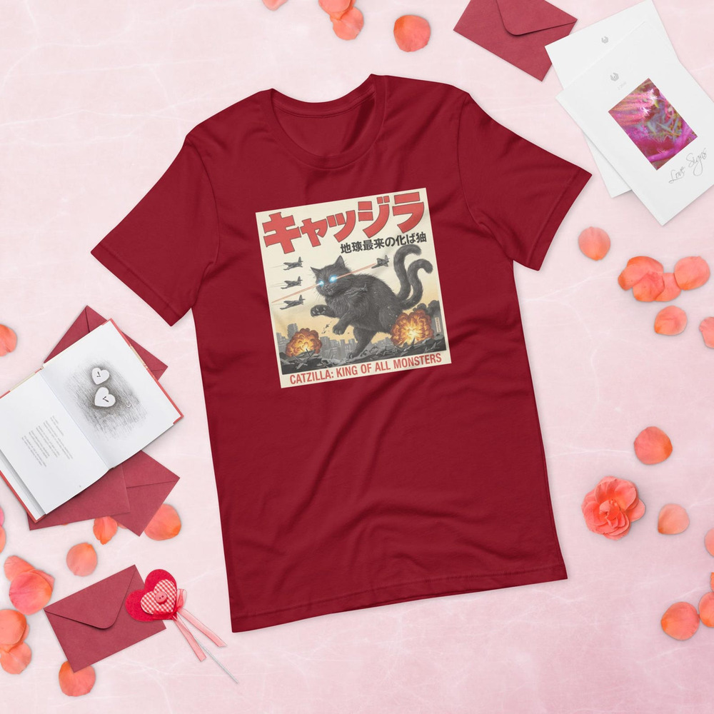 Funny Catzilla Japanese Style T Shirt Red